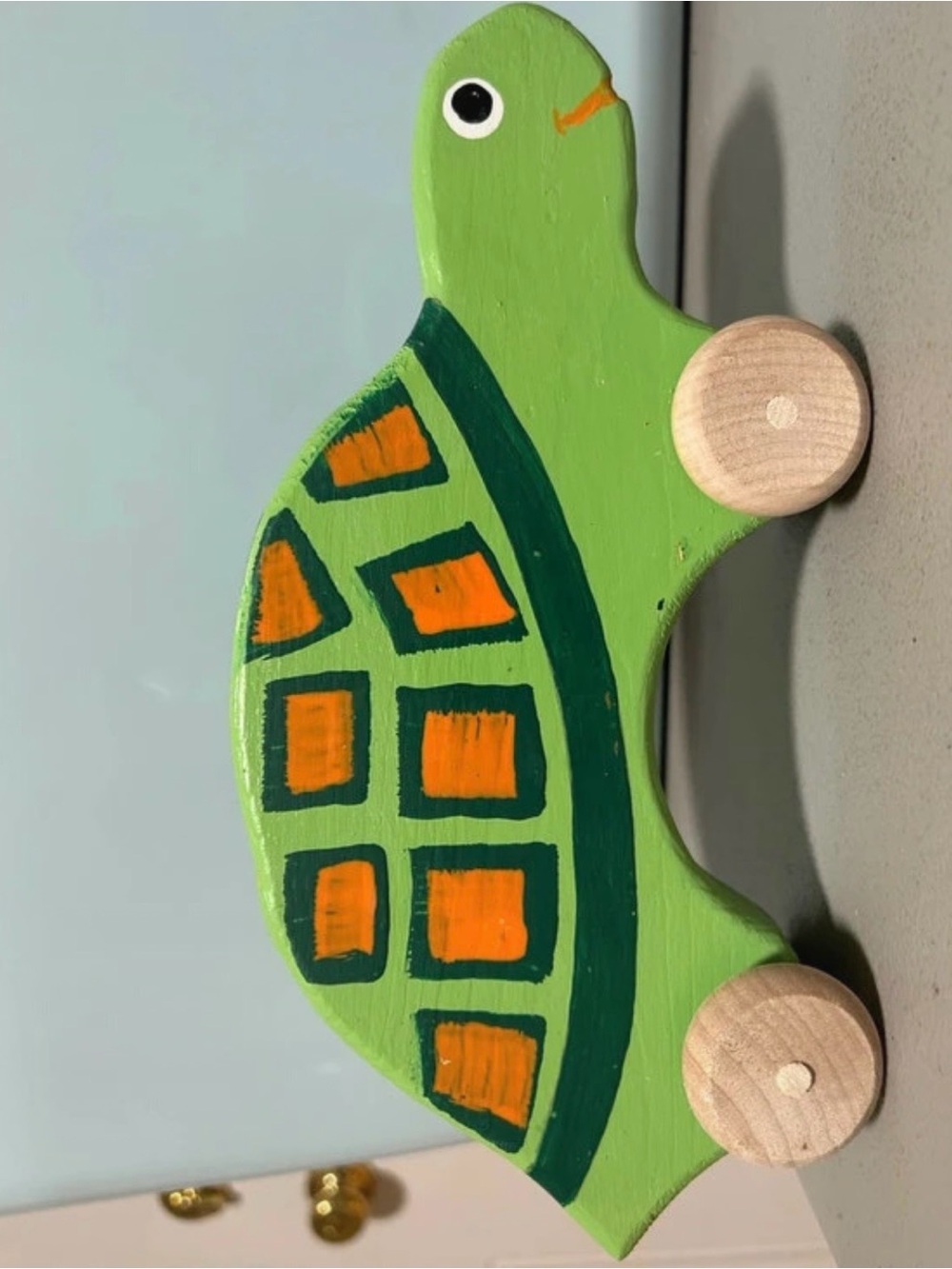 Source Unknown Green Wooden Turtle Toy with Orange Shell Accents